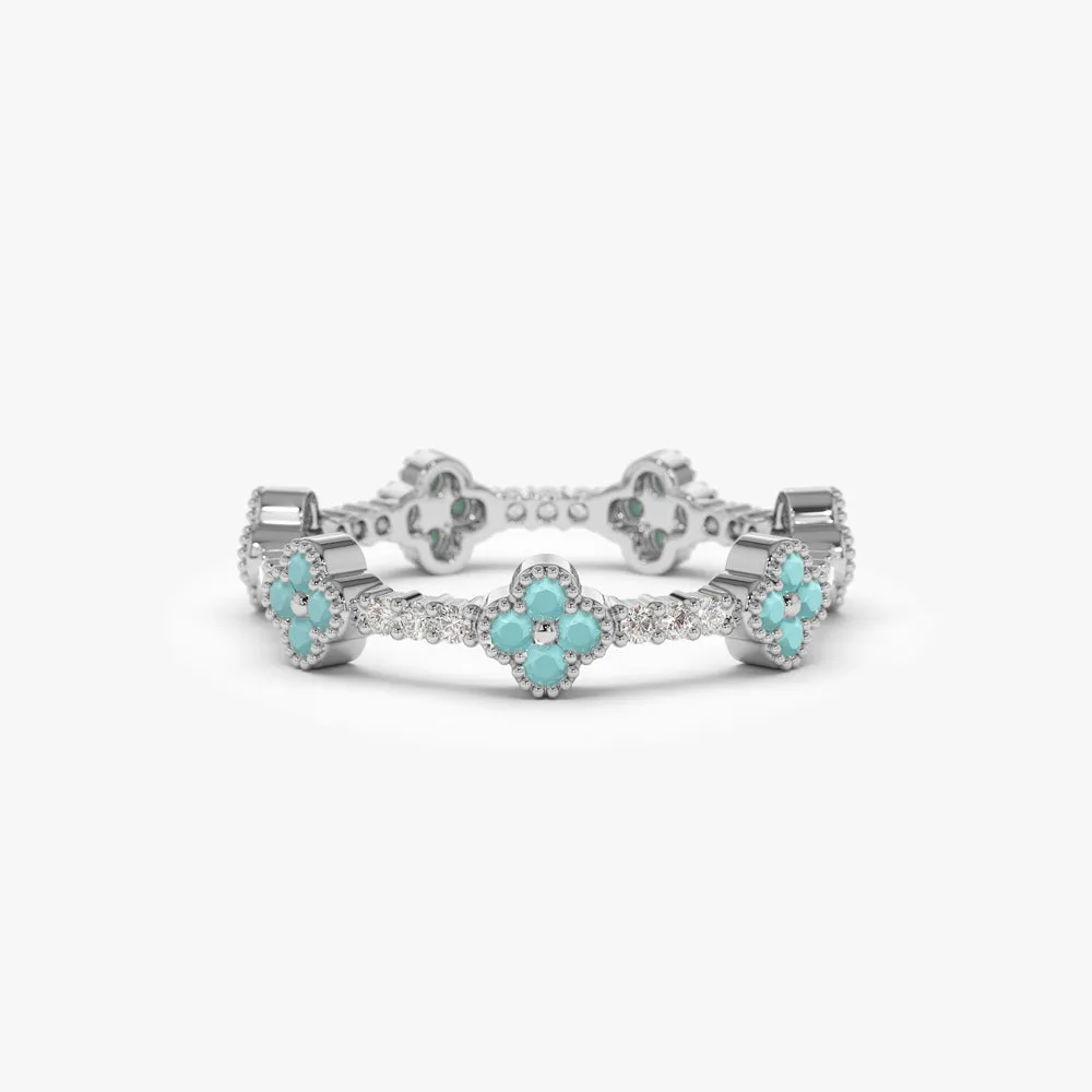 14k Full Eternity Clover Turquoise and Diamond Ring