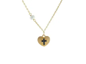 14k Gold Plated Silver Satin Heart w/ engraved Black Cross & Dangling Pearl Necklace, 15.5"