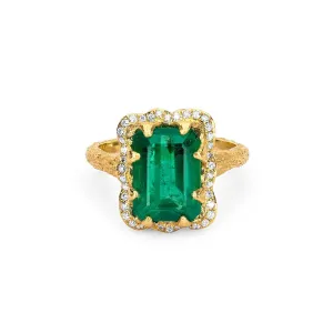 18k Queen Emerald Cut Emerald Ring with Full Pavé Diamond Halo