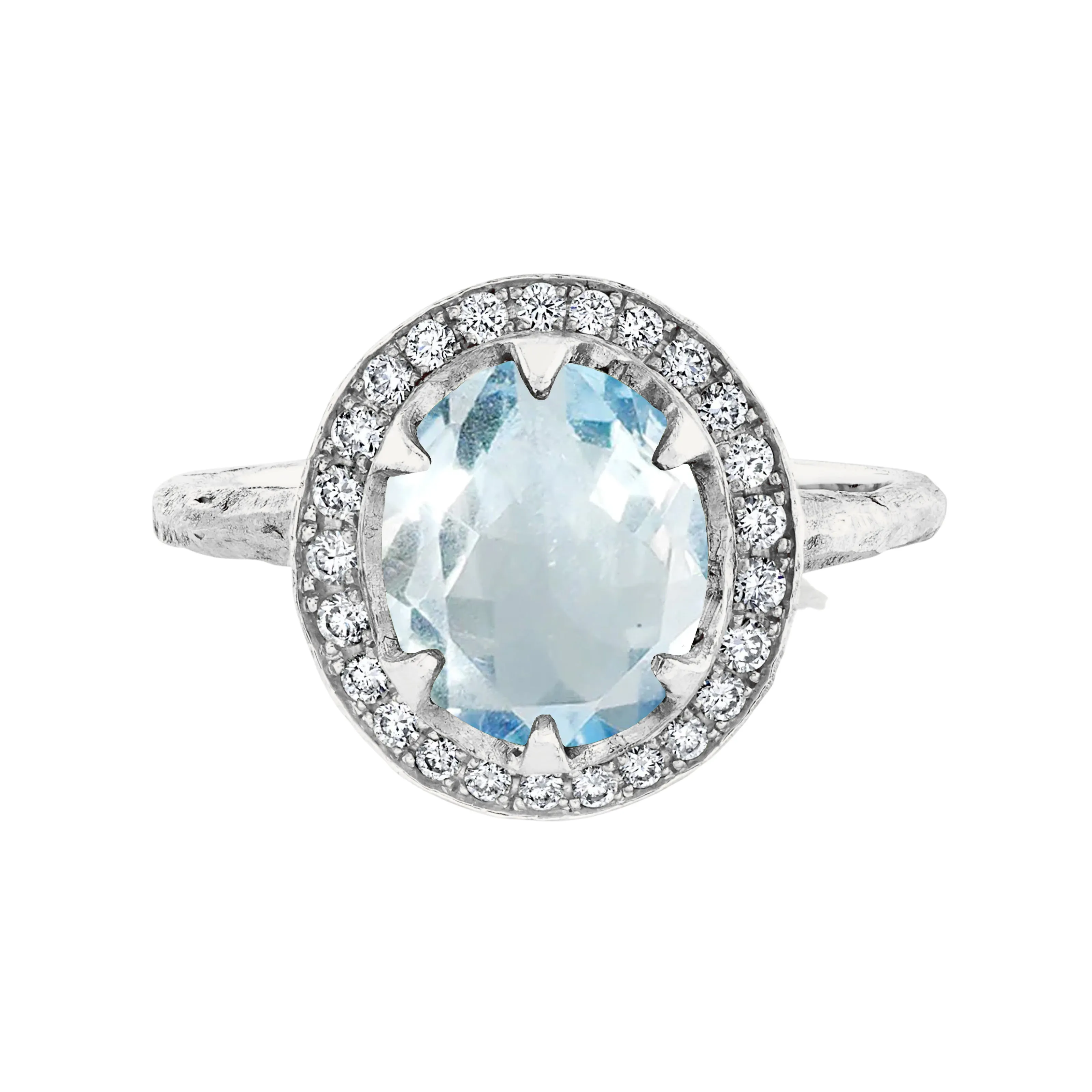 18k Queen Oval Aquamarine Ring with Full Pavé Diamond Halo