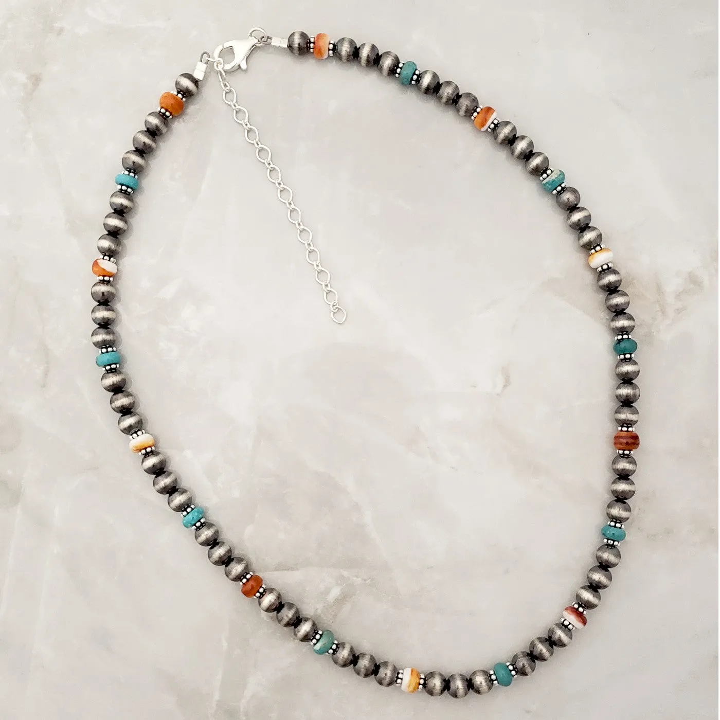 6mm Navajo Pearls Green Turquoise Orange Spiny Oyster Necklace Sterling Silver