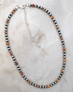 6mm Navajo Pearls Orange Spiny Oyster Necklace Sterling Silver