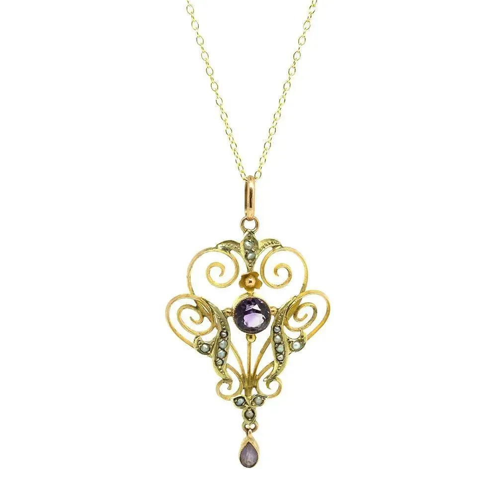 Antique Edwardian Amethyst & Pearl 9ct Gold Pendant Necklace