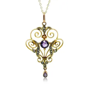 Antique Edwardian Amethyst & Pearl 9ct Gold Pendant Necklace