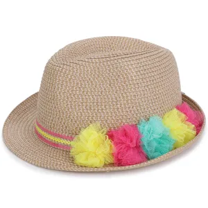 BB Beige Straw Multi Pom Pom Fedora