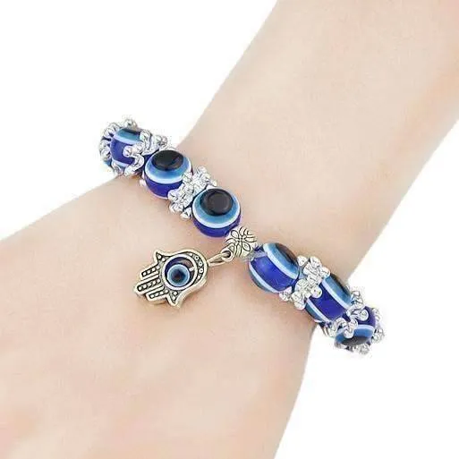 Blue Bead Evil Eye Hamsa Hand Charm Silver Tone Bracelet for Women