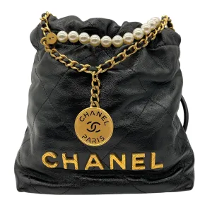 Chanel Black 2023/24 Metiers d'Art Collection Mini Shiny Lambskin Leather Mini 22 Handbag