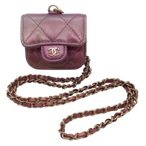 Chanel Purple / Light Gold CC Logo Chain Strap Quilted Iridescent Lambskin Leather Airpods Pro Case / Handbag