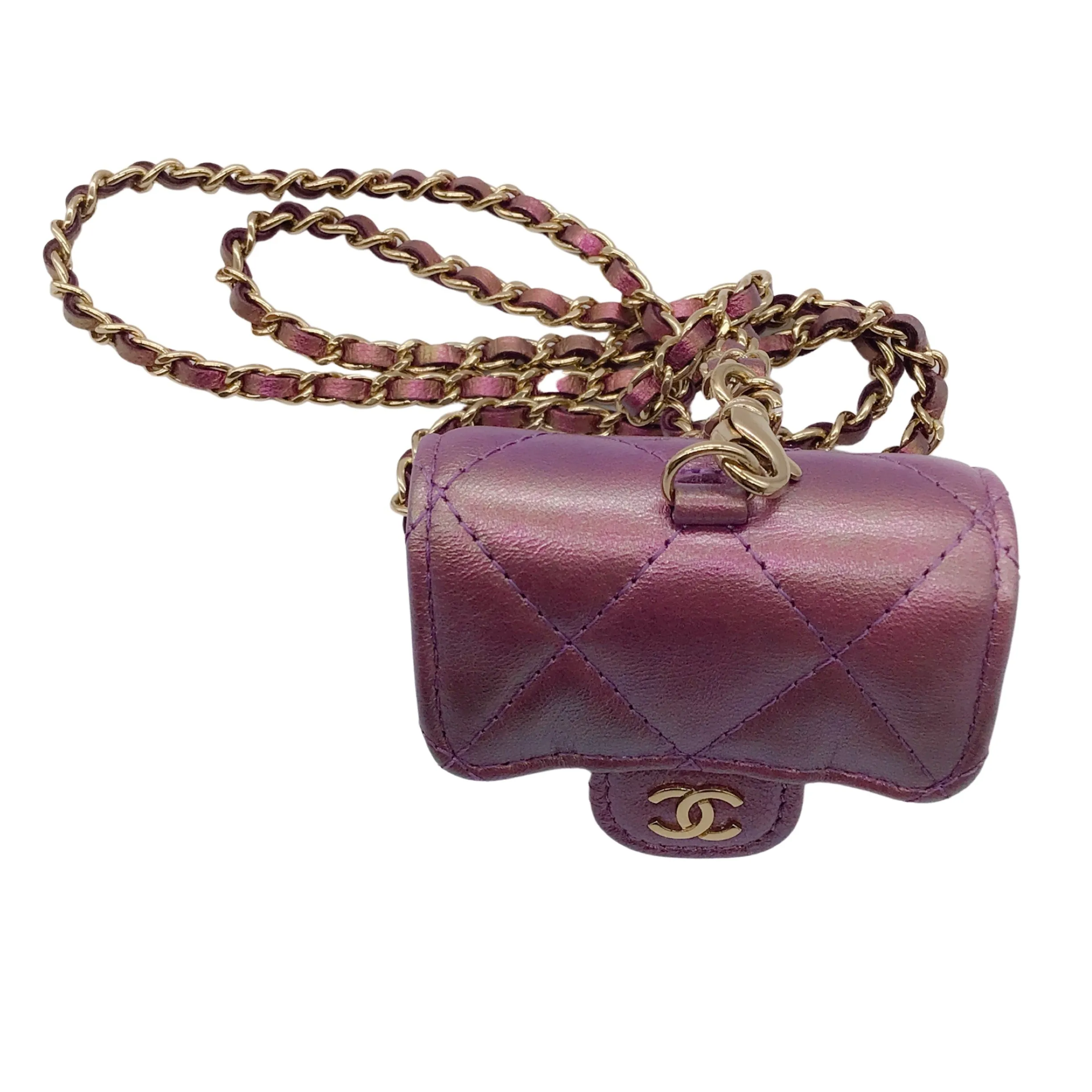 Chanel Purple / Light Gold CC Logo Chain Strap Quilted Iridescent Lambskin Leather Airpods Pro Case / Handbag