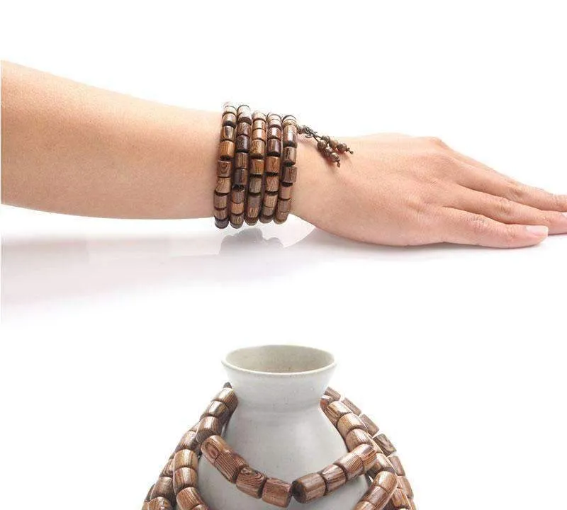 Cylindrical Wenge Wood Prayer Mala Beads Tibetan Buddhist Bracelet