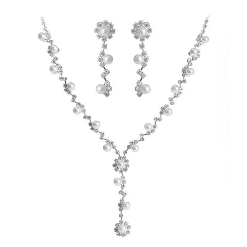 Faux Pearl Clear Austrian Rhinestone Choker Necklace Earrings Jewelry Set for Women