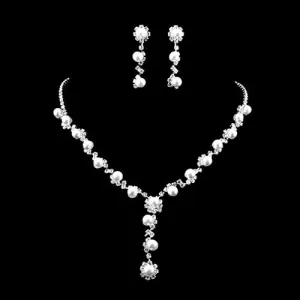 Faux Pearl Clear Austrian Rhinestone Choker Necklace Earrings Jewelry Set for Women