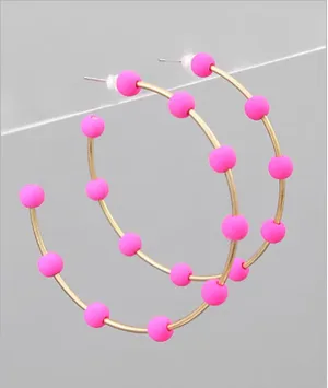 Fuchsia Wood Bead Hoop Earrings