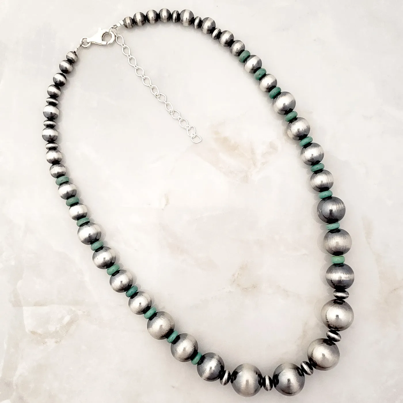 Large Navajo Pearls & Green Turquoise Graduated Necklace Sterling Silver