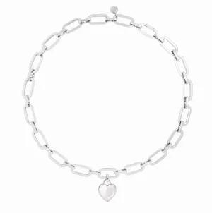 Link Chain Necklace and Mother of Pearl Heart Charm Silver Set