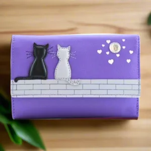 Mala Leather Midnight Cats Tri Fold Purse Purple