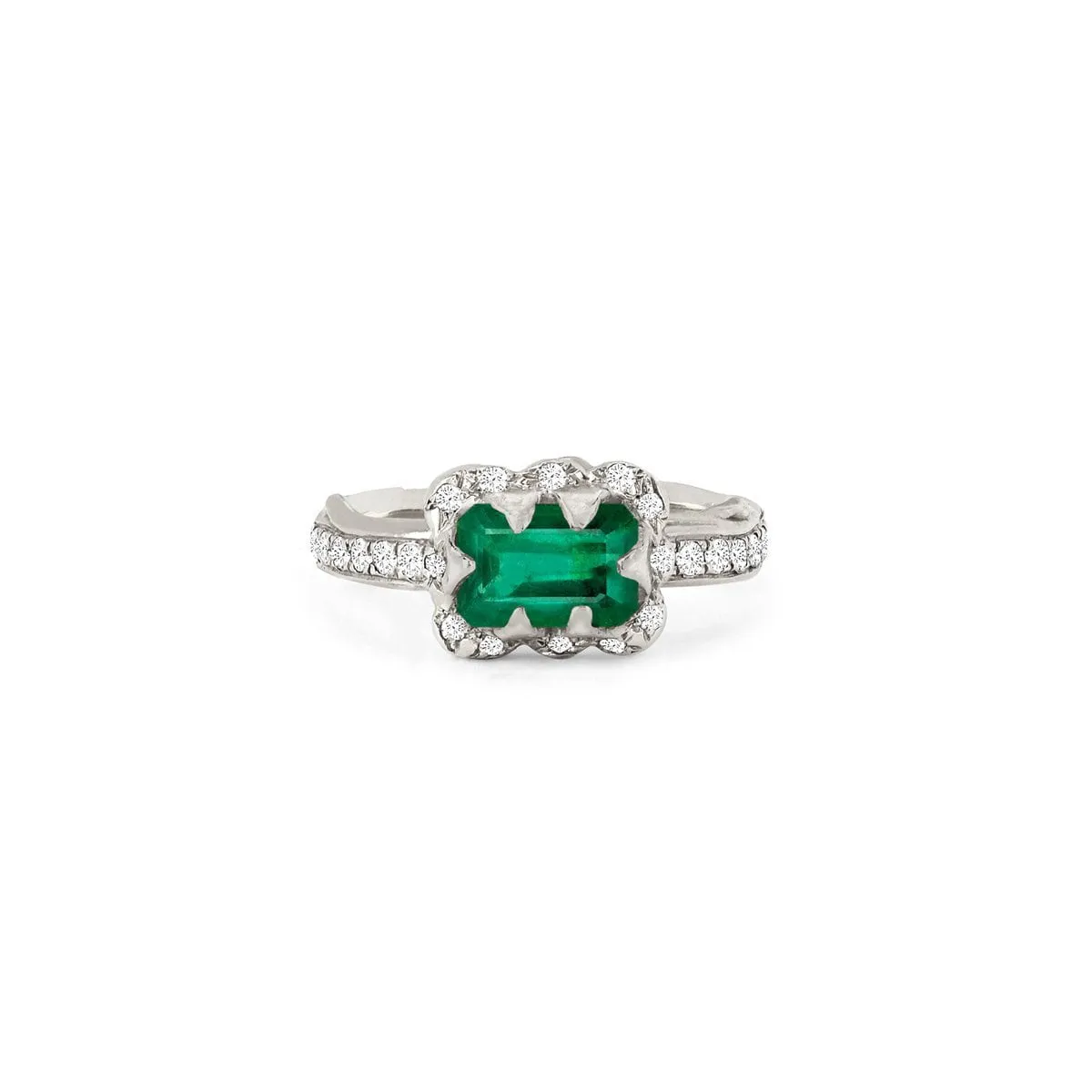 Micro Queen Emerald Cut Emerald Ring with Sprinkled Diamonds