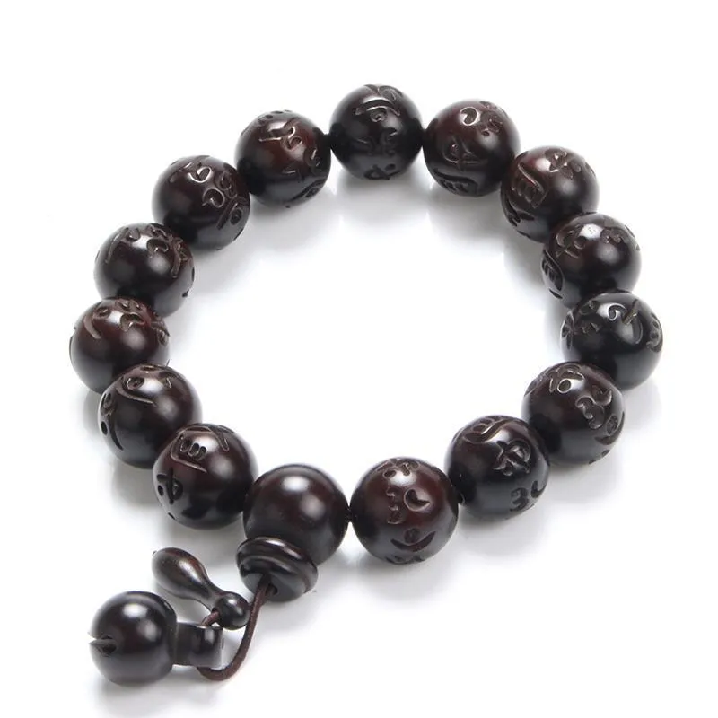 Polished African Blackwood Hand-carved Sanskrit Buddhist Prayer Bracelets