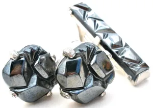 Sarah Coventry Hematite Cufflinks & Tie Bar Set Vintage