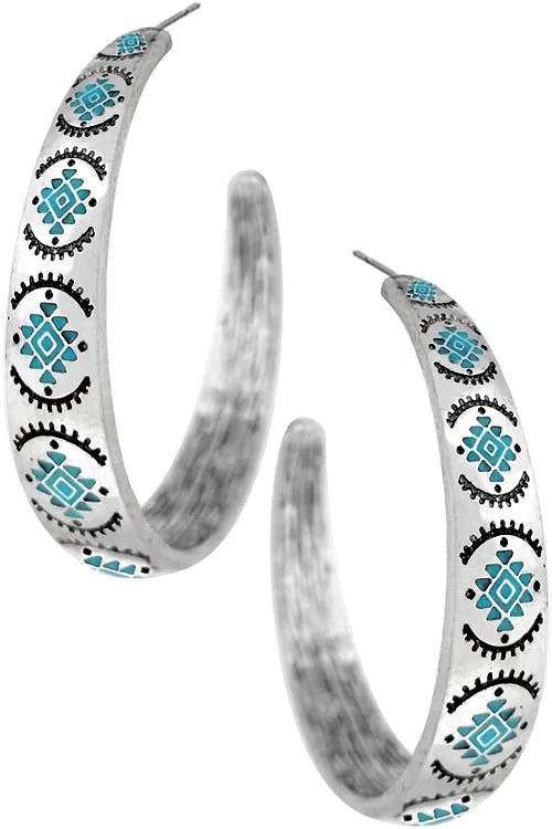 Turquoise Aztec Textured Hoop Earrings