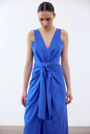 V-Neck Tie Silk Dress - Cobalto